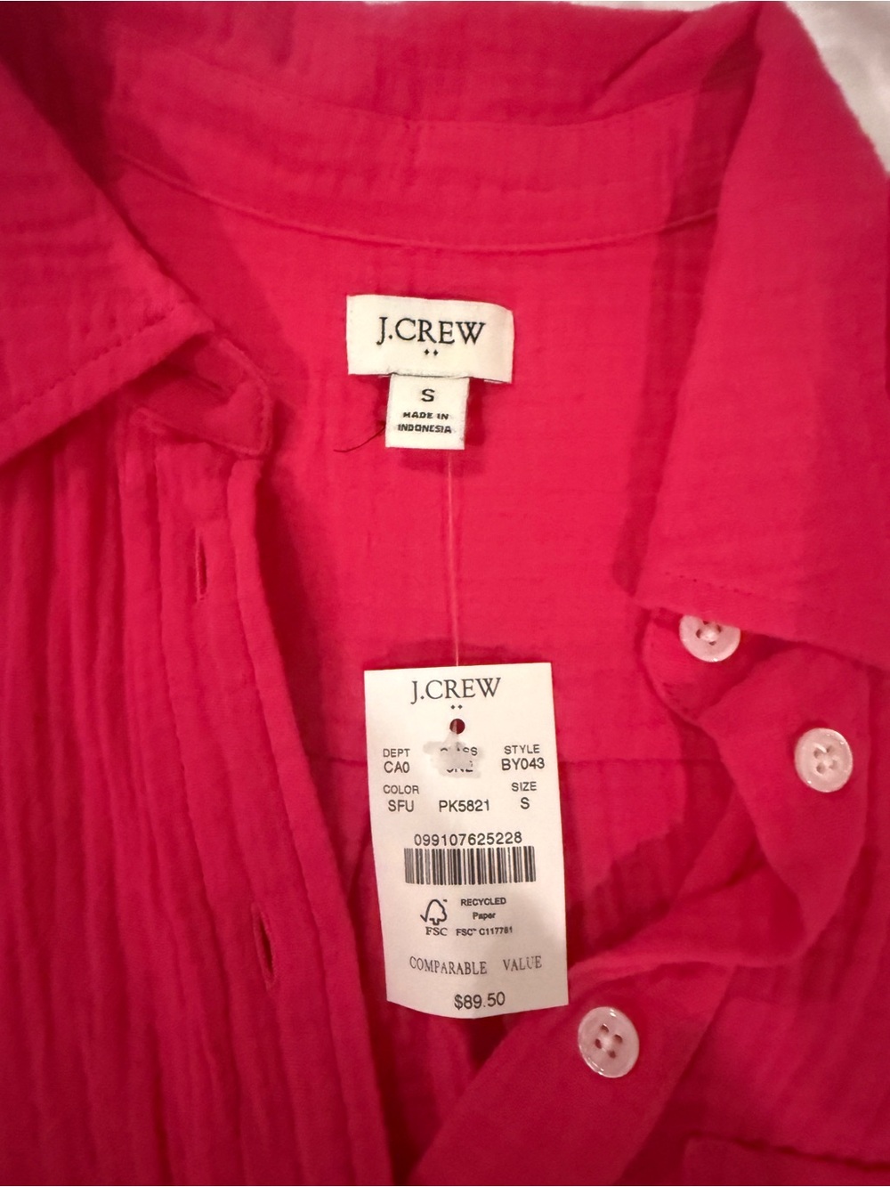 J. Crew Hot Pink Gauze Button-Up Shirt NWT - Picture 2 of 3